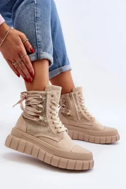 Discount Wysokie Trampki Damskie Na Masywnej Platformie Beżowe Wonise Damskie Trampki Damskie Wysokie
