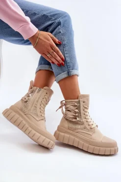 Discount Wysokie Trampki Damskie Na Masywnej Platformie Beżowe Wonise Damskie Trampki Damskie Wysokie