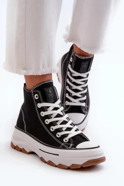 Trampki Damskie Wysokie>Evento Wysokie Trampki Damskie Na Platformie Czarne Valvia