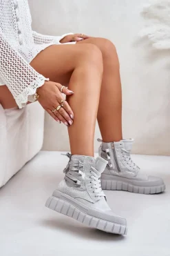 New Boto Wysokie Trampki Damskie Na Masywnej Platformie Ze Zdobieniem Szare Zaidria