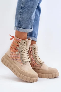 Outlet Wysokie Trampki Damskie Na Masywnej Platformie Beżowe Kernia Damskie Trampki Damskie Wysokie