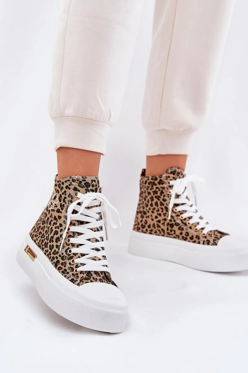 Discount Boto Wysokie Trampki Damskie W Panterkę Na Platformie Brązowe Laviriona Brązowy