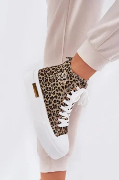 Discount Boto Wysokie Trampki Damskie W Panterkę Na Platformie Brązowe Laviriona Brązowy