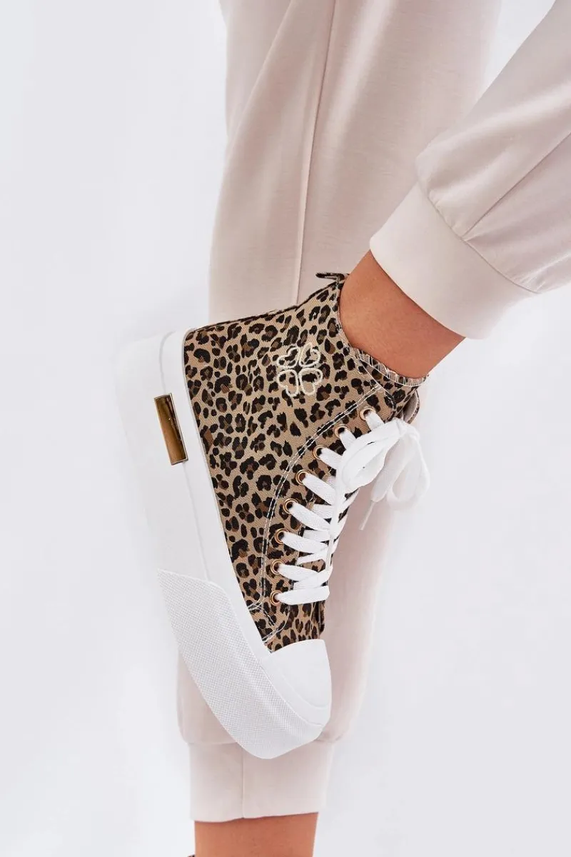 Discount Boto Wysokie Trampki Damskie W Panterkę Na Platformie Brązowe Laviriona Brązowy