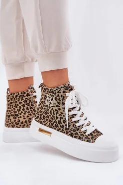 Discount Boto Wysokie Trampki Damskie W Panterkę Na Platformie Brązowe Laviriona Brązowy