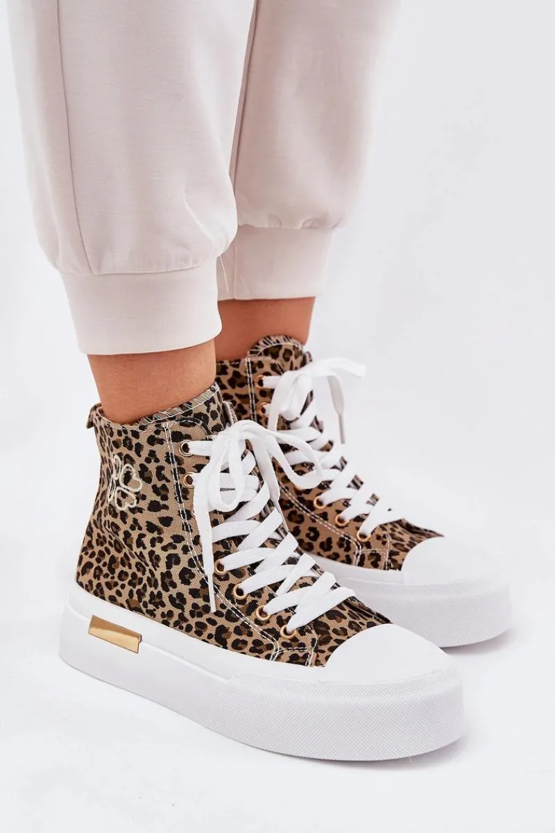 Discount Boto Wysokie Trampki Damskie W Panterkę Na Platformie Brązowe Laviriona Brązowy