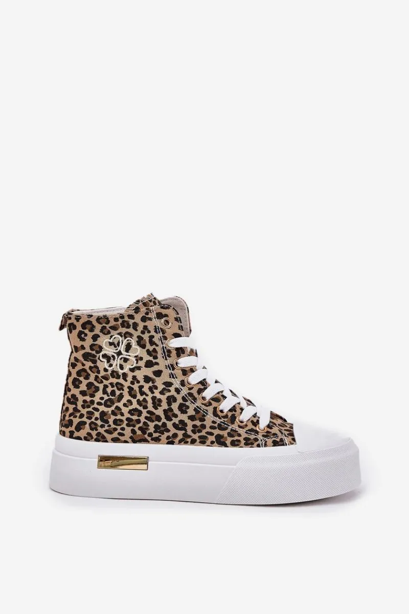 Discount Boto Wysokie Trampki Damskie W Panterkę Na Platformie Brązowe Laviriona Brązowy