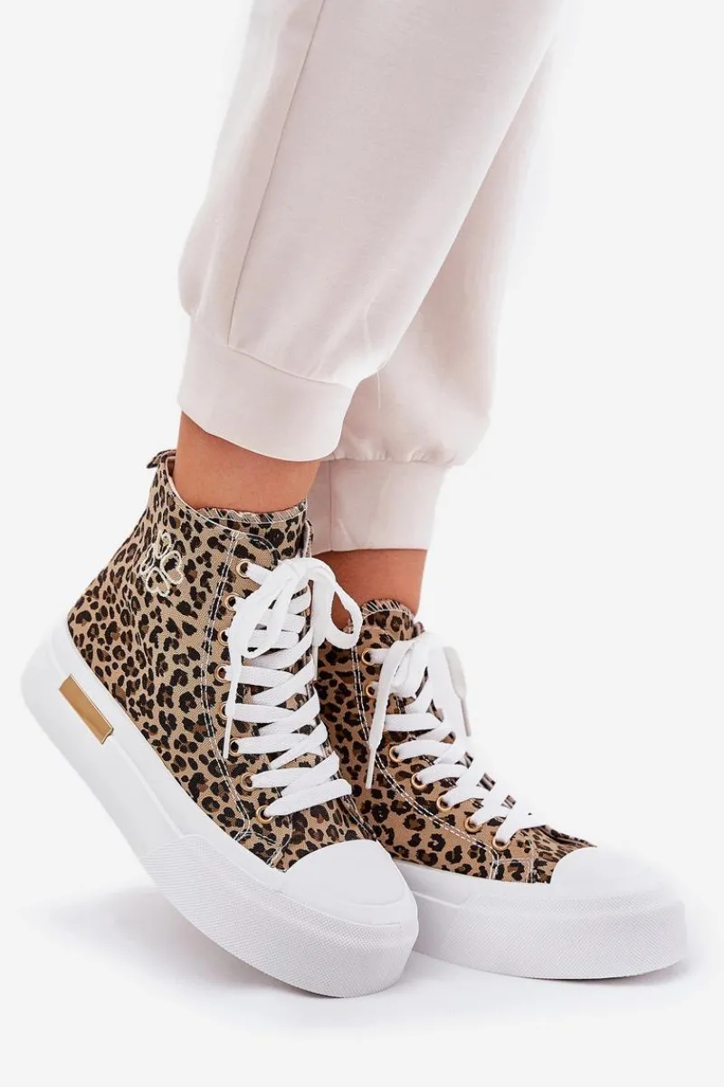 Discount Boto Wysokie Trampki Damskie W Panterkę Na Platformie Brązowe Laviriona Brązowy