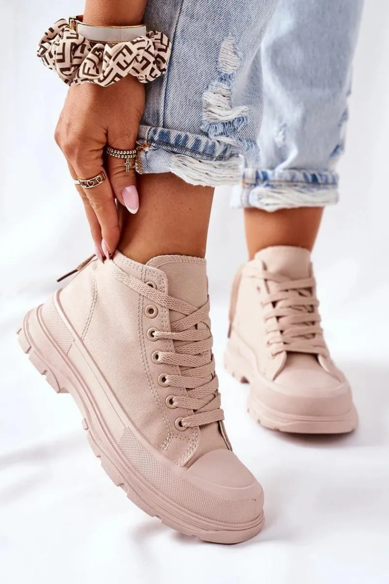 Trampki Damskie Wysokie>Boto Wysokie Trampki Na Dużej Podeszwie Beżowe Trissy