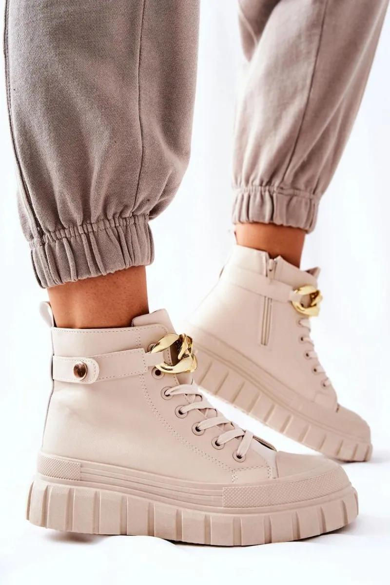 Outlet Wysokie Trampki Na Platformie Beżowe Standies Damskie Trampki Damskie Wysokie