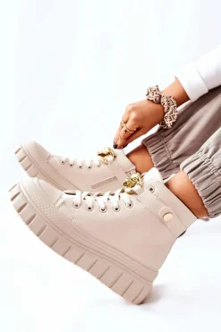 Outlet Wysokie Trampki Na Platformie Beżowe Standies Damskie Trampki Damskie Wysokie