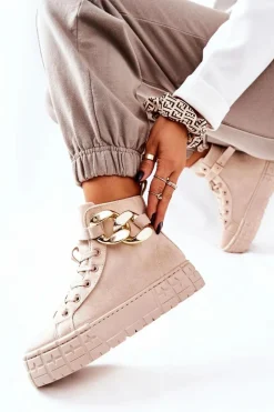 Trampki Damskie Wysokie>Boto Wysokie Trampki Na Platformie Jasnobeżowe Evenia