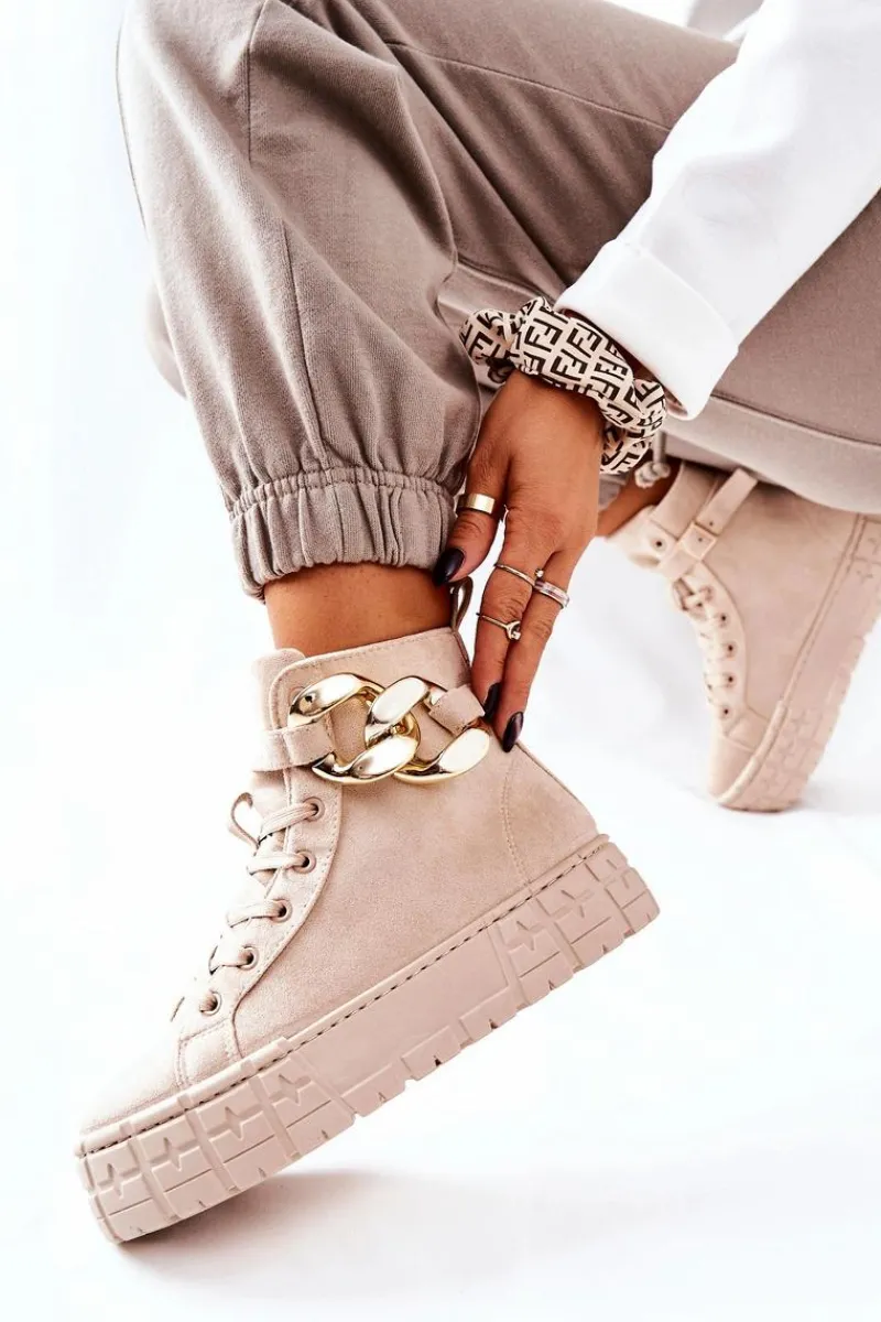 Trampki Damskie Wysokie>Boto Wysokie Trampki Na Platformie Jasnobeżowe Evenia