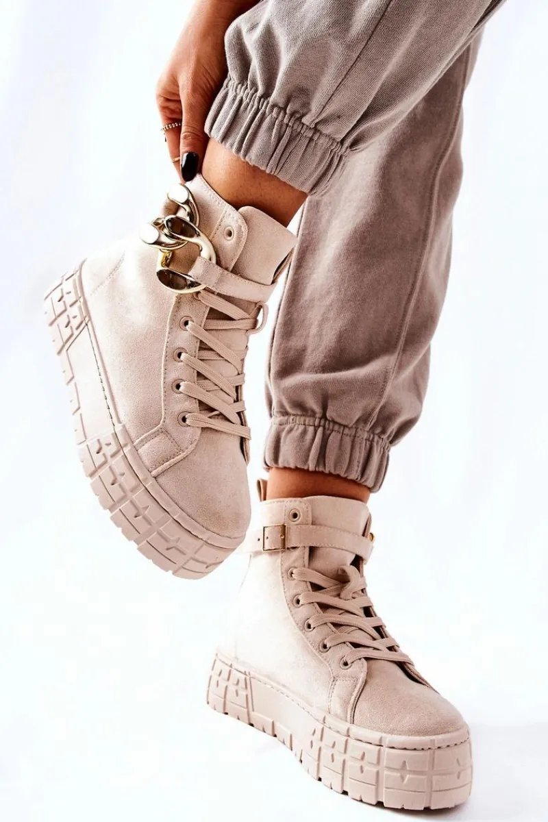 Trampki Damskie Wysokie>Boto Wysokie Trampki Na Platformie Jasnobeżowe Evenia