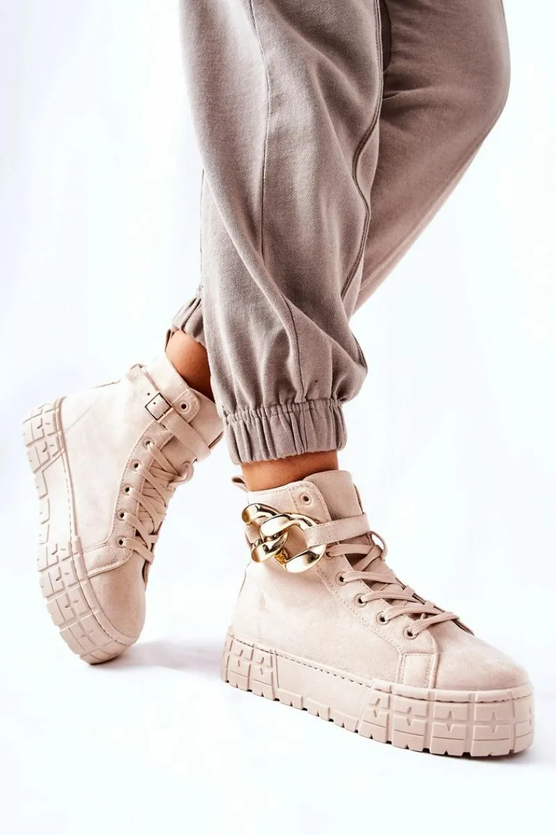 Trampki Damskie Wysokie>Boto Wysokie Trampki Na Platformie Jasnobeżowe Evenia