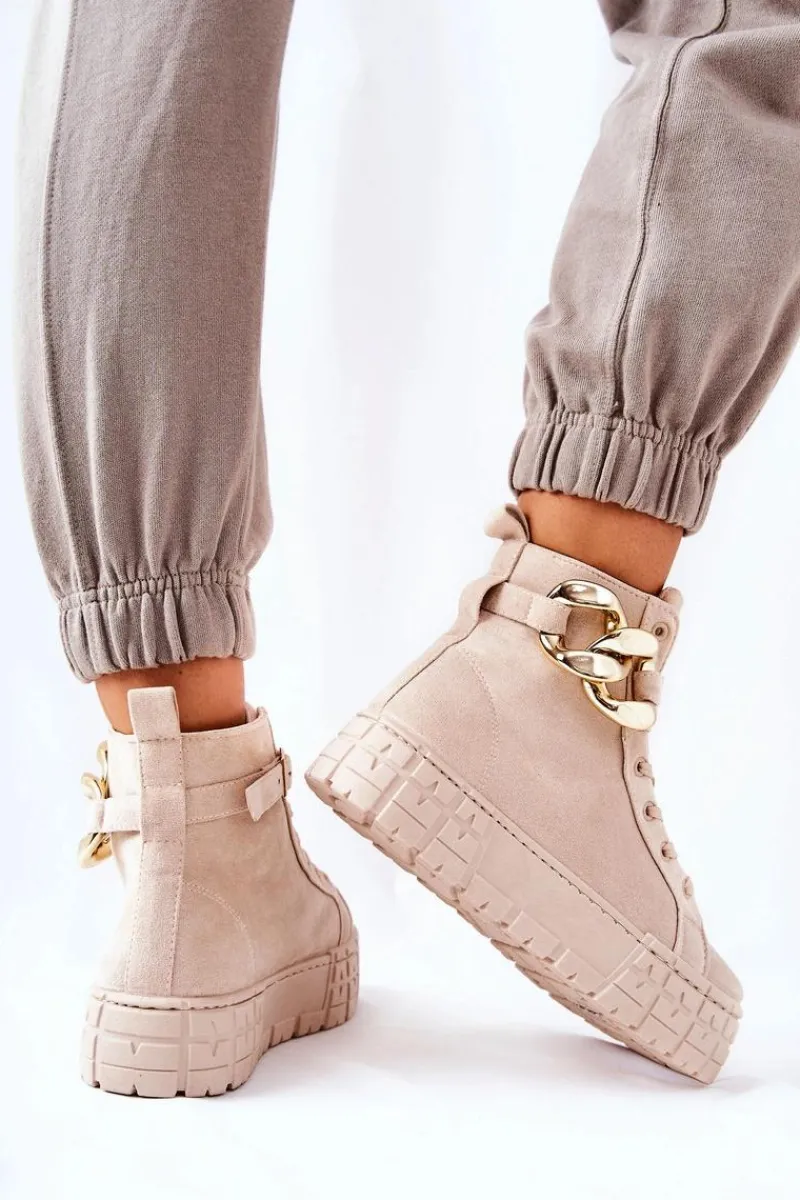 Trampki Damskie Wysokie>Boto Wysokie Trampki Na Platformie Jasnobeżowe Evenia