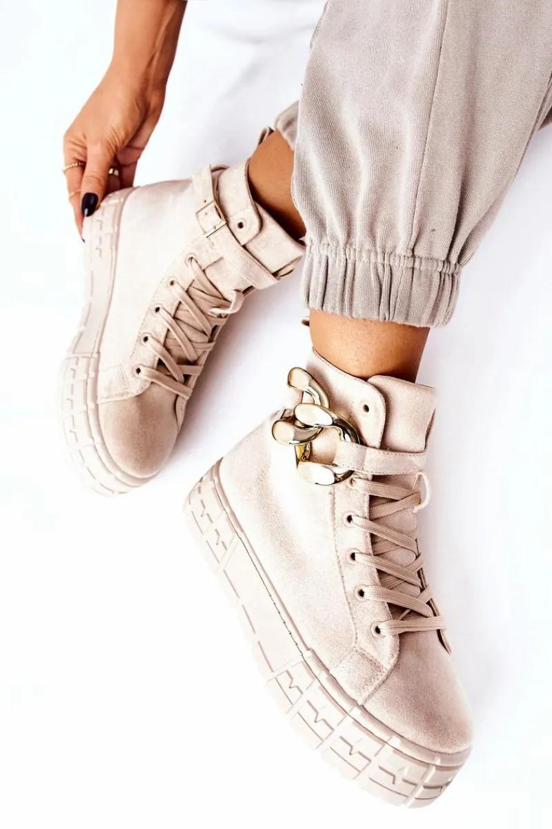 Trampki Damskie Wysokie>Boto Wysokie Trampki Na Platformie Jasnobeżowe Evenia