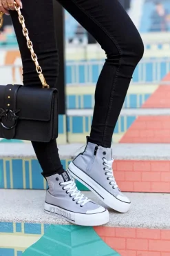 New Wysokie Trampki Na Platformie Big Star II274016 Szare Damskie Trampki Damskie Big Star|Trampki Damskie Wysokie