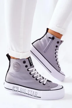 New Wysokie Trampki Na Platformie Big Star II274016 Szare Damskie Trampki Damskie Big Star|Trampki Damskie Wysokie