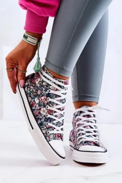 Trampki Damskie Wysokie>Boto Wysokie Trampki W Kwiaty Zielone Nollie