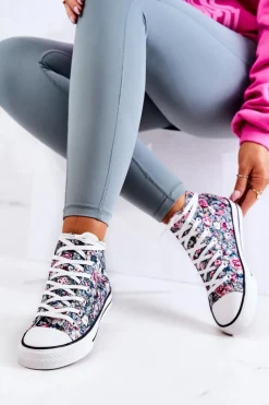 Trampki Damskie Wysokie>Boto Wysokie Trampki W Kwiaty Zielone Nollie