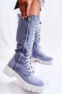 Kozaki Wiosenne|Kozaki Płaskie>Boto Wysokie Wiązane Kozaki Trapery Niebieskie Kayra