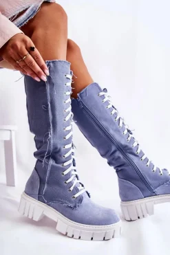 Kozaki Wiosenne|Kozaki Płaskie></noscript>Boto Wysokie Wiązane Kozaki Trapery Niebieskie Kayra