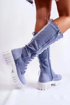 Kozaki Wiosenne|Kozaki Płaskie></noscript>Boto Wysokie Wiązane Kozaki Trapery Niebieskie Kayra