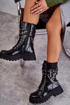 New Boto Wysokie Workery Botki Z Łańcuchem Wężowe Czarne Montero