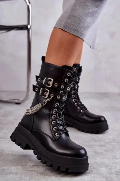Hot Wysokie Workery Botki Z Łańcuchem Czarne Montero Damskie Botki Sznurowane|Czarne Botki