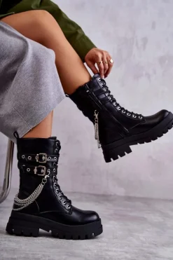 Hot Wysokie Workery Botki Z Łańcuchem Czarne Montero Damskie Botki Sznurowane|Czarne Botki