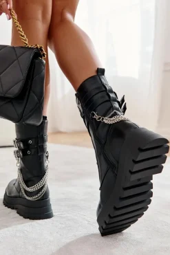 Hot Wysokie Workery Botki Z Łańcuchem Czarne Montero Damskie Botki Sznurowane|Czarne Botki