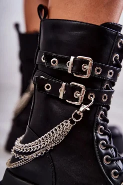 Hot Wysokie Workery Botki Z Łańcuchem Czarne Montero Damskie Botki Sznurowane|Czarne Botki