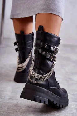 Hot Wysokie Workery Botki Z Łańcuchem Czarne Montero Damskie Botki Sznurowane|Czarne Botki