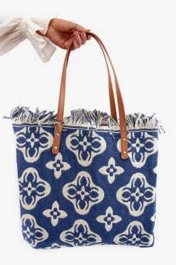 Torebki Klasyczne>Boto Wzorzysta Duża Pleciona Torba Na Plażę Granatowa Sadhara Niebieski