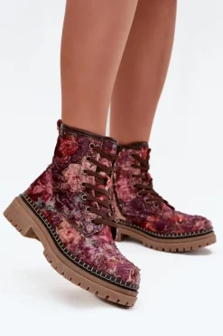 Hot Artiker Wzorzyste Botki Damskie Ocieplane 57C1055 Bordowe Czerwony
