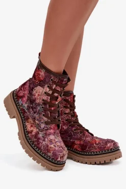 Hot Artiker Wzorzyste Botki Damskie Ocieplane 57C1055 Bordowe Czerwony