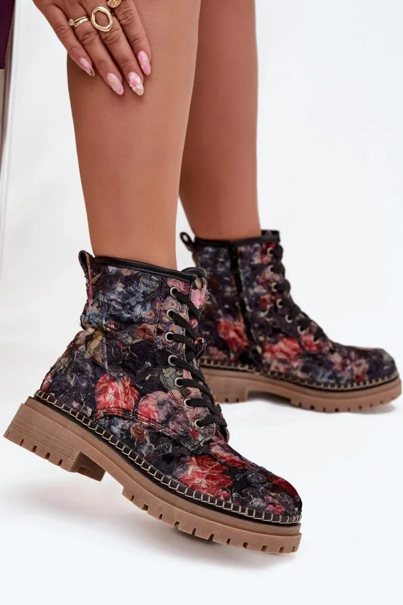 Outlet Artiker Wzorzyste Botki Damskie Ocieplane 57C1054 Czarne Czarny