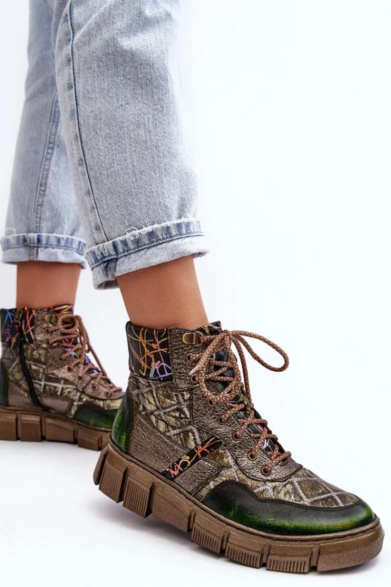 Botki Maciejka|Botki Skórzane>Maciejka Wzorzyste Botki Damskie Skórzane 06145-24 Oliwkowe