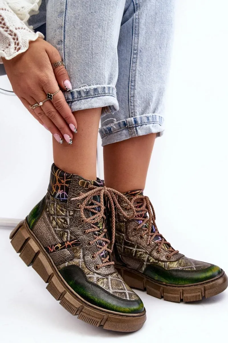 Botki Maciejka|Botki Skórzane>Maciejka Wzorzyste Botki Damskie Skórzane 06145-24 Oliwkowe