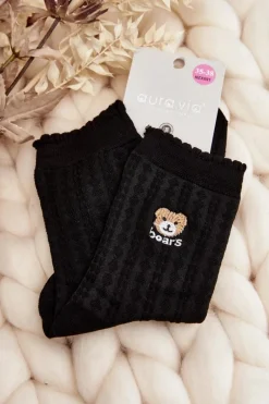 Discount Aura.via Wzorzyste Damskie Skarpety Z Misiem Czarne - Wzór 2