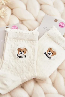 Skarpetki|Skarpetki>Aura.via Wzorzyste Damskie Skarpety Z Misiem Białe - Wzór 2