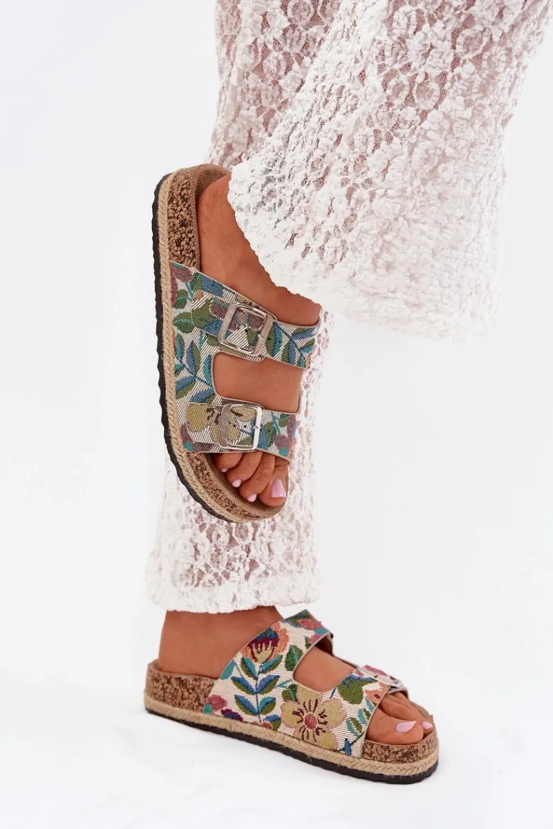 Best Wzorzyste Klapki Damskie Na Korkowej Platformie Z Klamrami LCW-25-35-3480L Multikolor Damskie Klapki Korkowe|Klapki Na Platformie