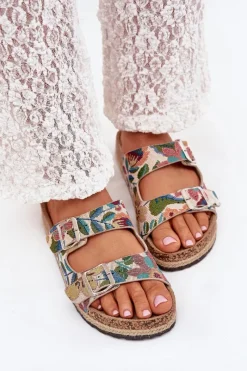 Best Wzorzyste Klapki Damskie Na Korkowej Platformie Z Klamrami LCW-25-35-3480L Multikolor Damskie Klapki Korkowe|Klapki Na Platformie