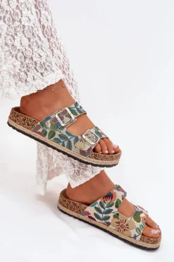 Best Wzorzyste Klapki Damskie Na Korkowej Platformie Z Klamrami LCW-25-35-3480L Multikolor Damskie Klapki Korkowe|Klapki Na Platformie