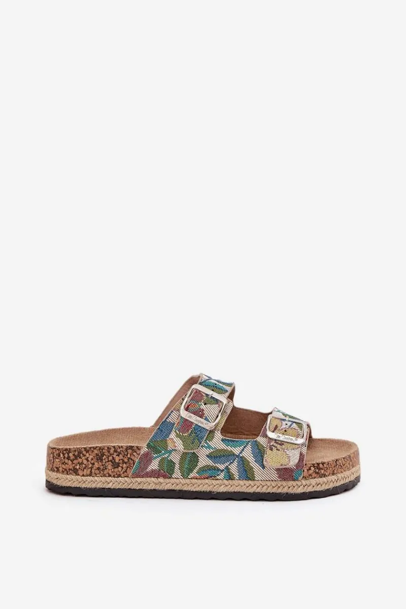 Best Wzorzyste Klapki Damskie Na Korkowej Platformie Z Klamrami LCW-25-35-3480L Multikolor Damskie Klapki Korkowe|Klapki Na Platformie