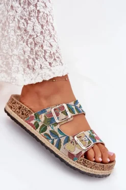 Best Wzorzyste Klapki Damskie Na Korkowej Platformie Z Klamrami LCW-25-35-3480L Multikolor Damskie Klapki Korkowe|Klapki Na Platformie