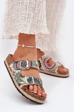 Discount Lee Cooper Wzorzyste Klapki Damskie Na Korkowej Platformie Z Klamrami LCW-25-35-3483L Multikolor Wielokolorowy