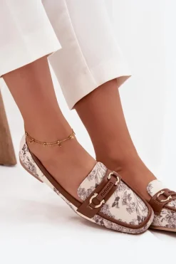 Best Boto Wzorzyste Mokasyny Loafersy Damskie Z Ozdobnym Elementem Beżowo-Brązowe Evelora