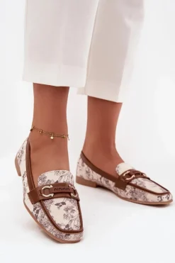 Best Boto Wzorzyste Mokasyny Loafersy Damskie Z Ozdobnym Elementem Beżowo-Brązowe Evelora